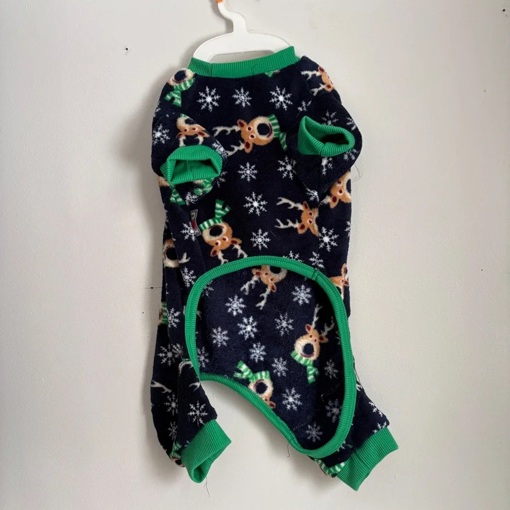 Pet Apparel Christmas Reindeer Snowflake‎ Fleece Dog Pajamas Navy Green Size M